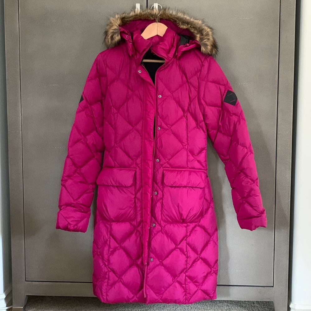 The North Face Women's Magenta Quilted Down Puffer Coat with Faux Fur Hood
